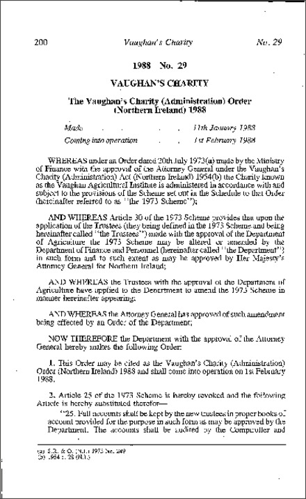 The Vaughan's Charity (Administration) Order (Northern Ireland) 1988