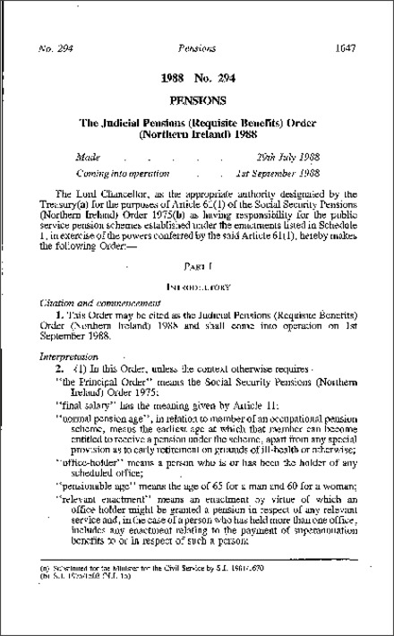 The Judicial Pensions (Requisite Benefits) Order (Northern Ireland) 1988