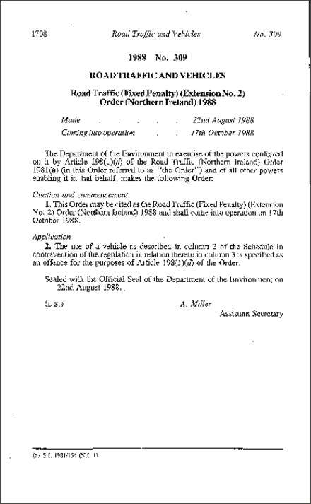 The Road Traffic (Fixed Penalty) (Extension No. 2) Order (Northern Ireland) 1988