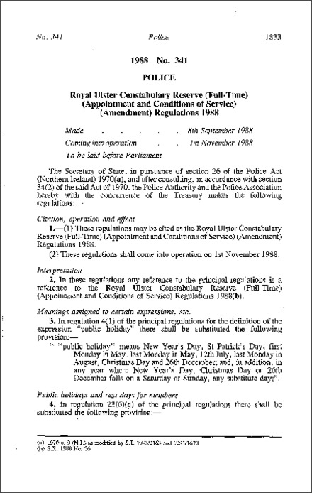 The Royal Ulster Constabulary Reserve (Full-time) (Appointment and Conditions of Service) (Amendment) Regulations (Northern Ireland) 1988