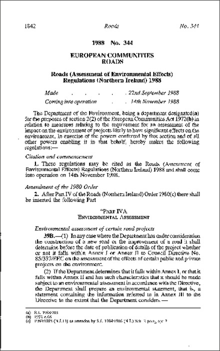 The Roads (Assessment of Environmental Effects) Regulations (Northern Ireland) 1988