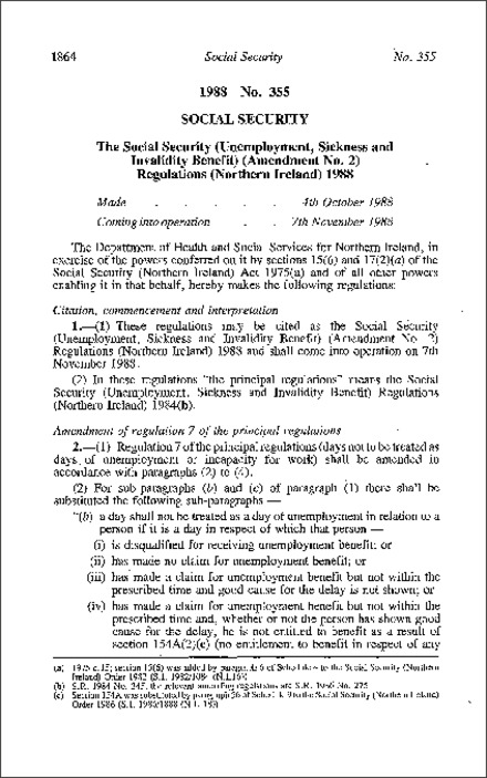 The Social Security (Unemployment, Sickness and Invalidity Benefit) (Amendment No. 2) Regulations (Northern Ireland) 1988