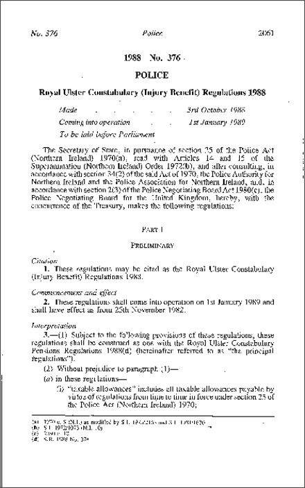 The Royal Ulster Constabulary (Injury Benefit) Regulations (Northern Ireland) 1988