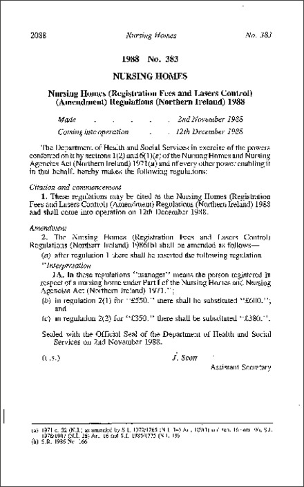 The Nursing Homes (Registration Fees and Laser Control) (Amendment) Regulations (Northern Ireland) 1988