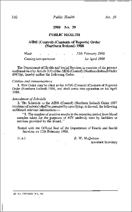 The AIDS (Control) (Contents of Reports) Order (Northern Ireland) 1988