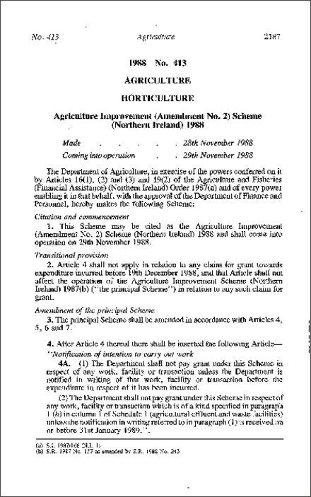 The Agriculture Improvement (Amendment No. 2) Scheme (Northern Ireland) 1988