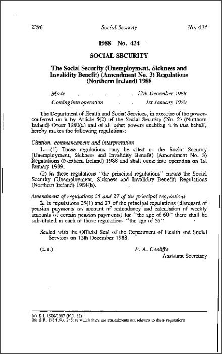 The Social Security (Unemployment, Sickness and Invalidity Benefit) (Amendment No. 3) Regulations (Northern Ireland) 1988