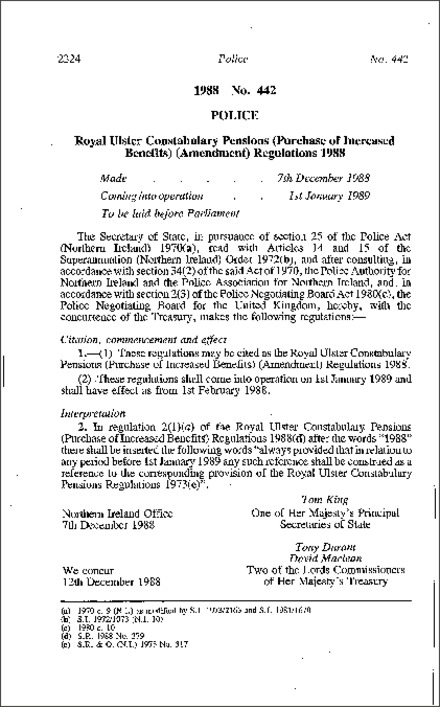 The Royal Ulster Constabulary Pensions (Purchase of Increased Benefits) (Amendment) Regulations (Northern Ireland) 1988