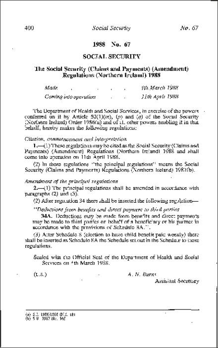 The Social Security (Claims and Payments) (Amendment) Regulations (Northern Ireland) 1988