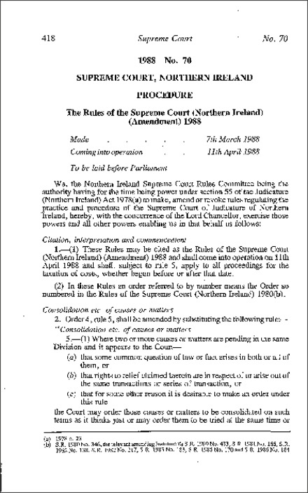 The Rules of the Supreme Court (Northern Ireland) (Amendment) (Northern Ireland) 1988