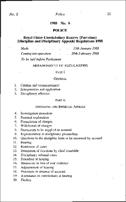 The Royal Ulster Constabulary Reserve (Part-time) (Discipline and Disciplinary Appeals) Regulations (Northern Ireland) 1988