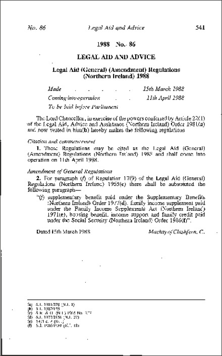 The Legal Aid (General) (Amendment) Regulations (Northern Ireland) 1988