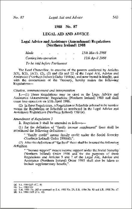 The Legal Advice and Assistance (Amendment) Regulations (Northern Ireland) 1988