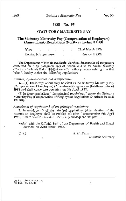 The Statutory Maternity Pay (Compensation of Employers) (Amendment) Regulations (Northern Ireland) 1988