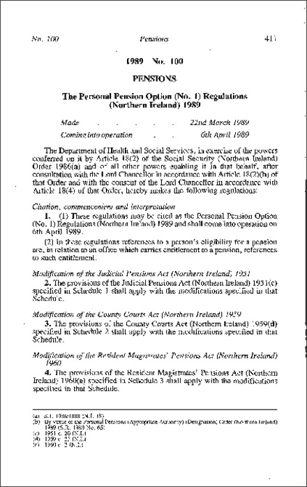The Personal Pension Options (No. 1) Regulations (Northern Ireland) 1989