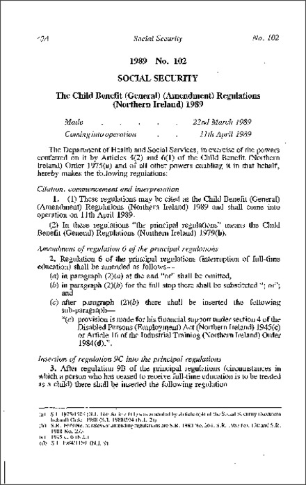 The Child Benefit (General) (Amendment) Regulations (Northern Ireland) 1989