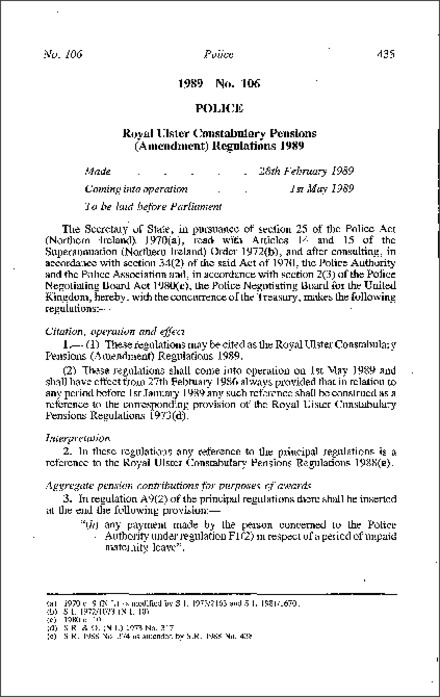 The Royal Ulster Constabulary Pensions (Amendment) Regulations (Northern Ireland) 1989