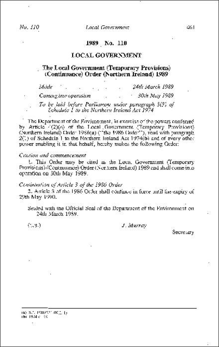 The Local Government (Temporary Provisions) (Continuance) Order (Northern Ireland) 1989