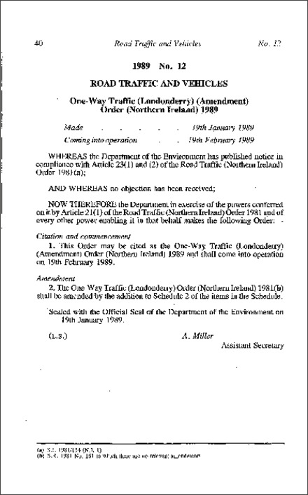 The One-Way Traffic (Londonderry) (Amendment) Order (Northern Ireland) 1989