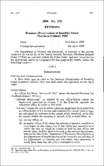 The Pensions (Preservation of Benefits) Order (Northern Ireland) 1989