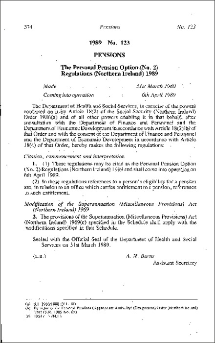 The Personal Pension Option (No. 2) Regulations (Northern Ireland) 1989