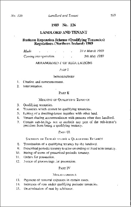 The Business Expansion Scheme (Qualifying Tenancies) Regulations (Northern Ireland) 1989