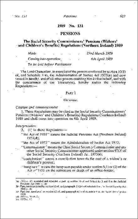 The Social Security Commissioners' Pensions (Widows' and Childrens' Benefits) Regulations (Northern Ireland) 1989