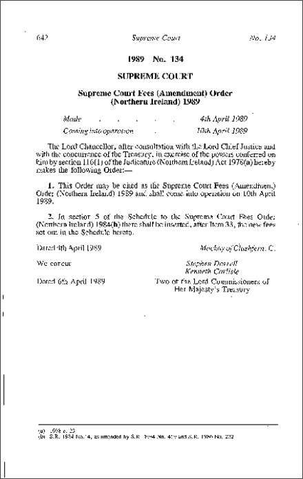 The Supreme Court Fees (Amendment) Order (Northern Ireland) 1989