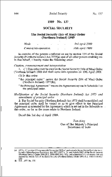The Social Security (Isle of Man) Order (Northern Ireland) 1989