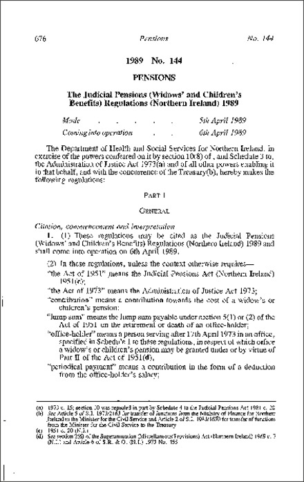 The Judicial Pensions (Widows' and Childrens' Benefits) Regulations (Northern Ireland) 1989