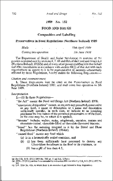 The Preservatives in Food Regulations (Northern Ireland) 1989