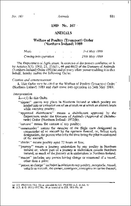 The Welfare of Poultry (Transport) Order (Northern Ireland) 1989
