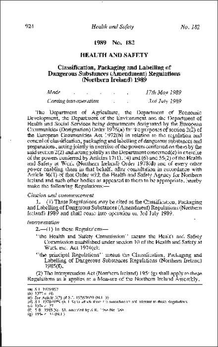 The Classification Packaging and Labelling of Dangerous Substances (Amendment) Regulations (Northern Ireland) 1989
