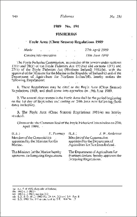 The Foyle Area (Close Season) Regulations (Northern Ireland) 1989