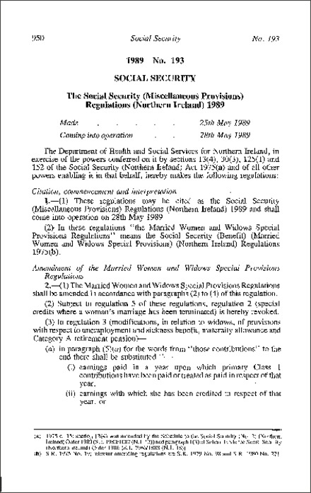 The Social Security (Miscellaneous Provisions) Regulations (Northern Ireland) 1989