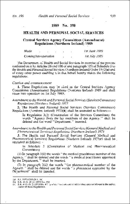 The Central Services Agency Committee (Amendment) Regulations (Northern Ireland) 1989