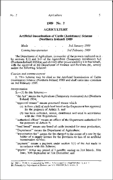 The Artificial Insemination of Cattle (Assistance) Scheme (Northern Ireland) 1989