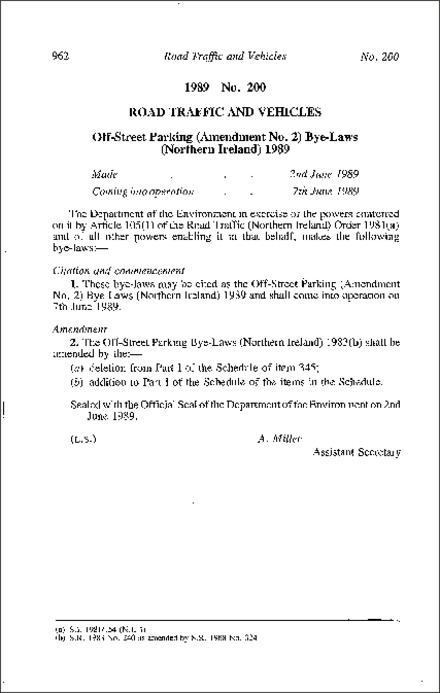 The Off-Street Parking (Amendment No. 2) Bye-Laws (Northern Ireland) 1989