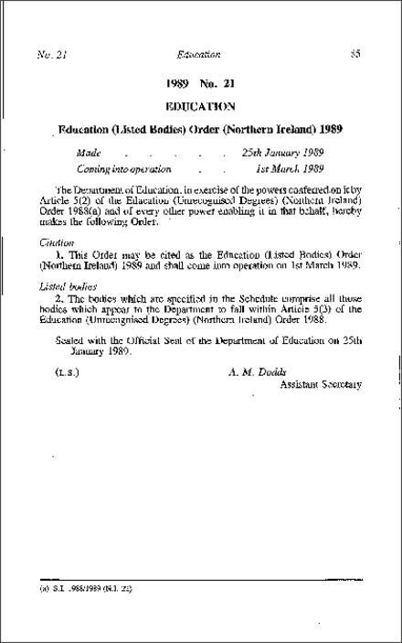 The Education (Listed Bodies) Order (Northern Ireland) 1989