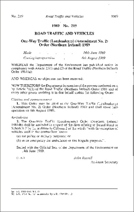 The One-Way Traffic (Londonderry) (Amendment No. 2) Order (Northern Ireland) 1989