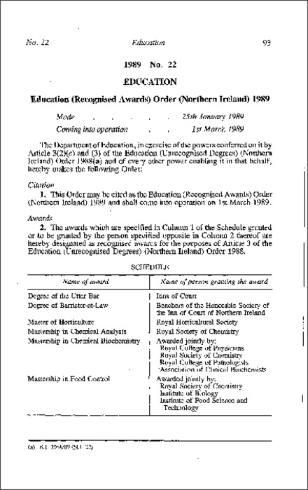 The Education (Recognised Awards) Order (Northern Ireland) 1989