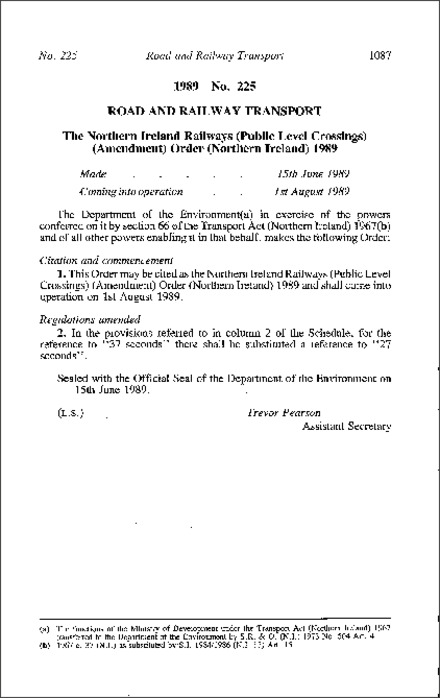 The Northern Ireland Railways (Public Level Crossings) (Amendment) Order (Northern Ireland) 1989