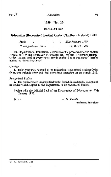 The Education (Recognised Bodies) Order (Northern Ireland) 1989