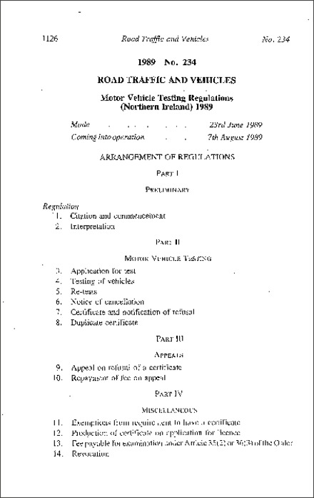 The Motor Vehicle Testing Regulations (Northern Ireland) 1989