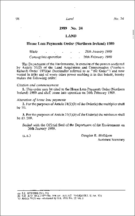 The Home Loss Payments Order (Northern Ireland) 1989