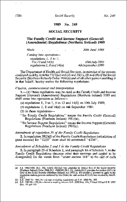 The Family Credit and Income Support (General) (Amendment) Regulations (Northern Ireland) 1989