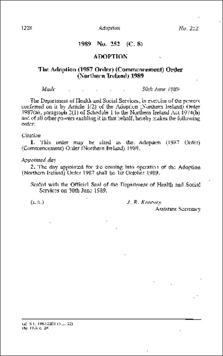 The Adoption (1987 Order) (Commencement) Order (Northern Ireland) 1989