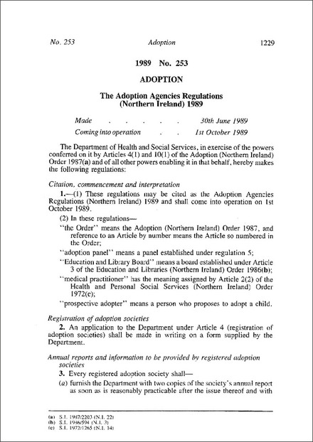 The Adoption Agencies Regulations (Northern Ireland) 1989