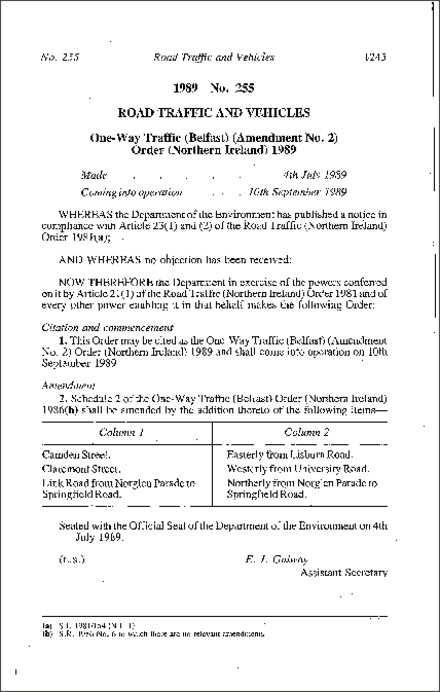 The One-Way Traffic (Belfast) (Amendment No. 2) Order (Northern Ireland) 1989