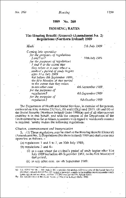 The Housing Benefit (General) (Amendment No. 2) Regulations (Northern Ireland) 1989